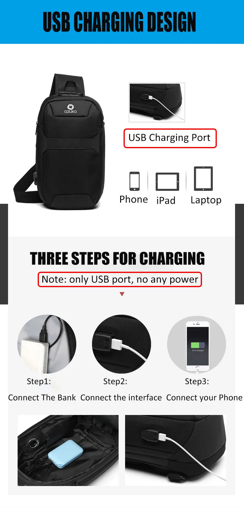 OZUKO Men's Messenger Bag Antitheft Waterproof USB Recharging Shoulder Crossbody Bags Chest Pack Male Sling Bag for Short Trip