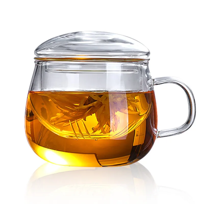 

High Quality Durable 3 in 1 Set 350ml Clear Heat Resistant Tea Coffee Cup with Tea Infuser Filter Lid Use for Home Office