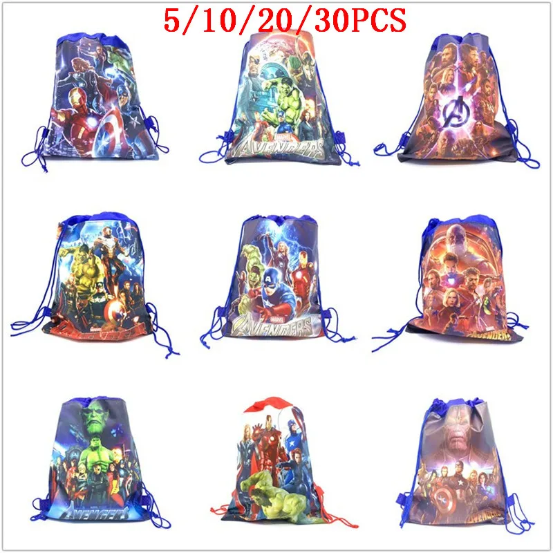 5/10/20/30PCS Happy Birthday Kids Disney Iron Hero Avenger Drawstring Gifts Bag Non-woven Fabric Party Decoration Backpack Bag