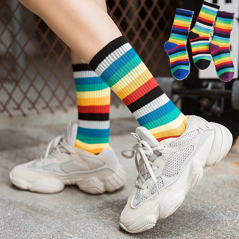 

Women Fashion Trendy Wild Autumn Striped Rainbow stripes student style Japanes Ins Cute Tube Socks for Ladies wholesale