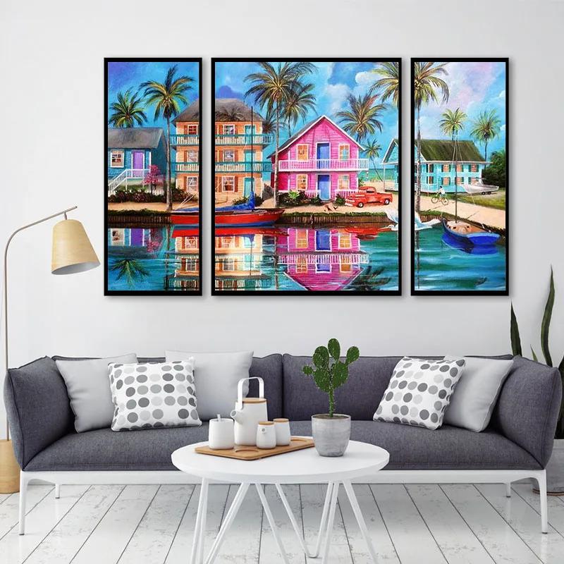 

GATYZTORY 3PC Oil Painting By Numbers Seaside Color House Landscape Acrylic Paint Drawing On Canvas Handpainted Home Decoration