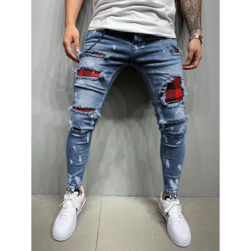 Hole ripped jeans men Slim Fit Skinny jeans Hip hop fashion Streetwear patchwork jeans Elasticity Gothic pants men