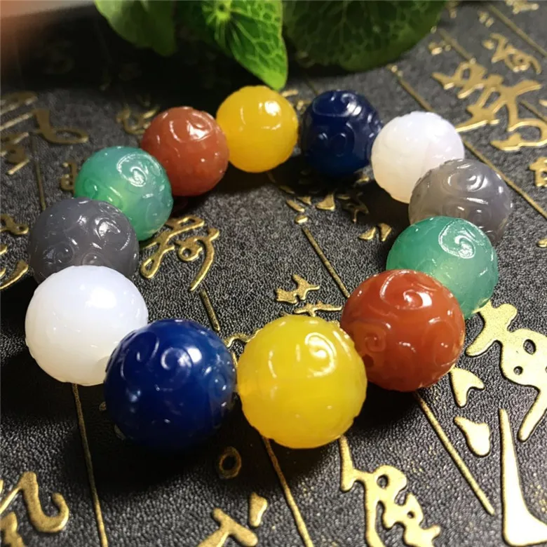 

Natural Colorful Agate Bracelet Charm Jewellery Women's Hand-Carved Bracelet for Women Men Fashion Accessories16-20mm