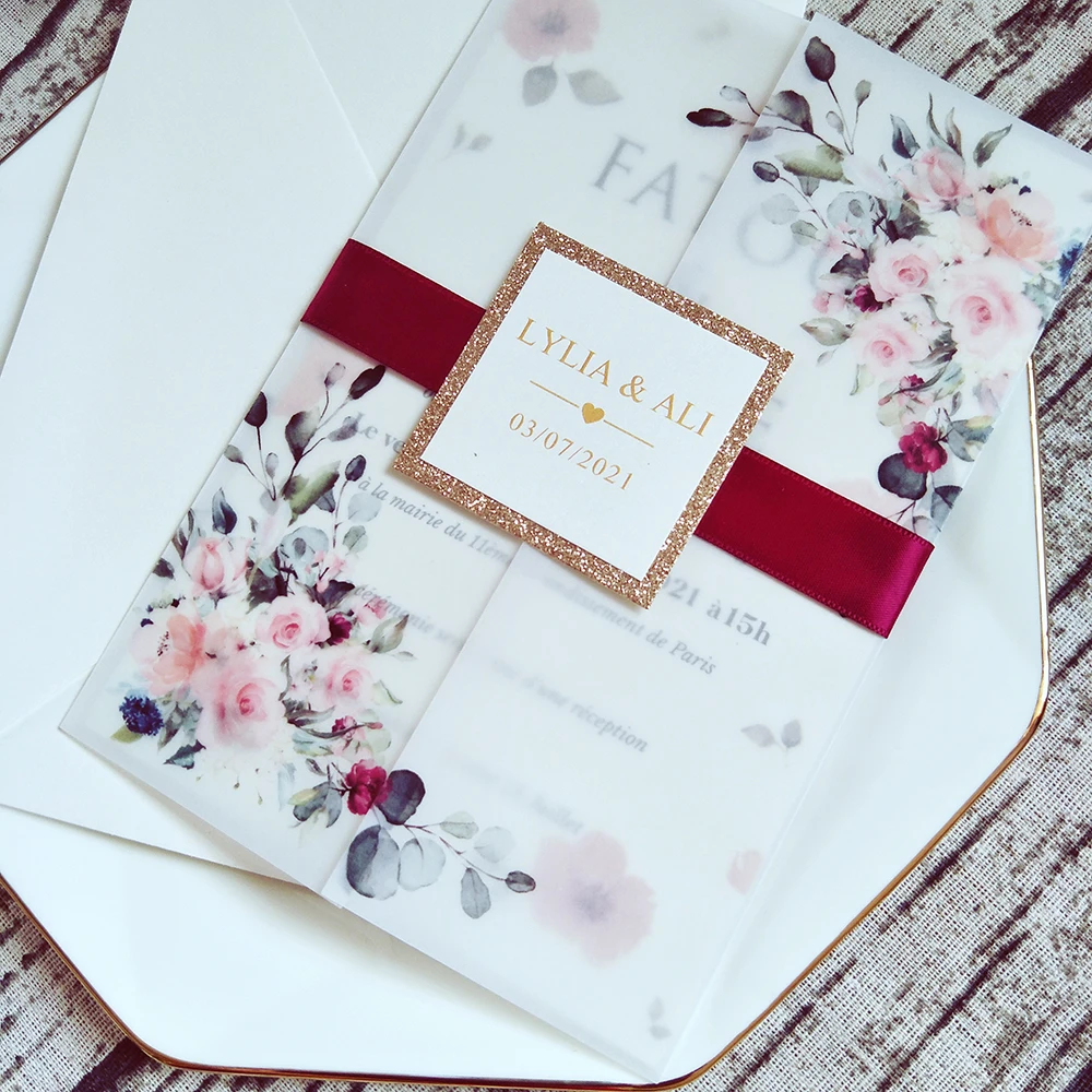 Свадебные приглашения с золотым блестящим ярлыком 50X принтом в виде бархата