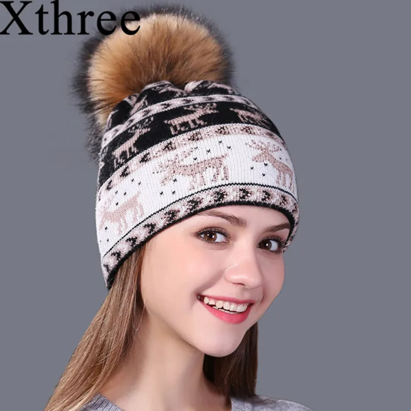 Черный Xthree новые настоящие норковые помпоны Рождественская шерстяная кроличья шерсть вязанные шапочки Skullies зимняя женская шапка для девочек feminino beanies hat - Цвет: Черный