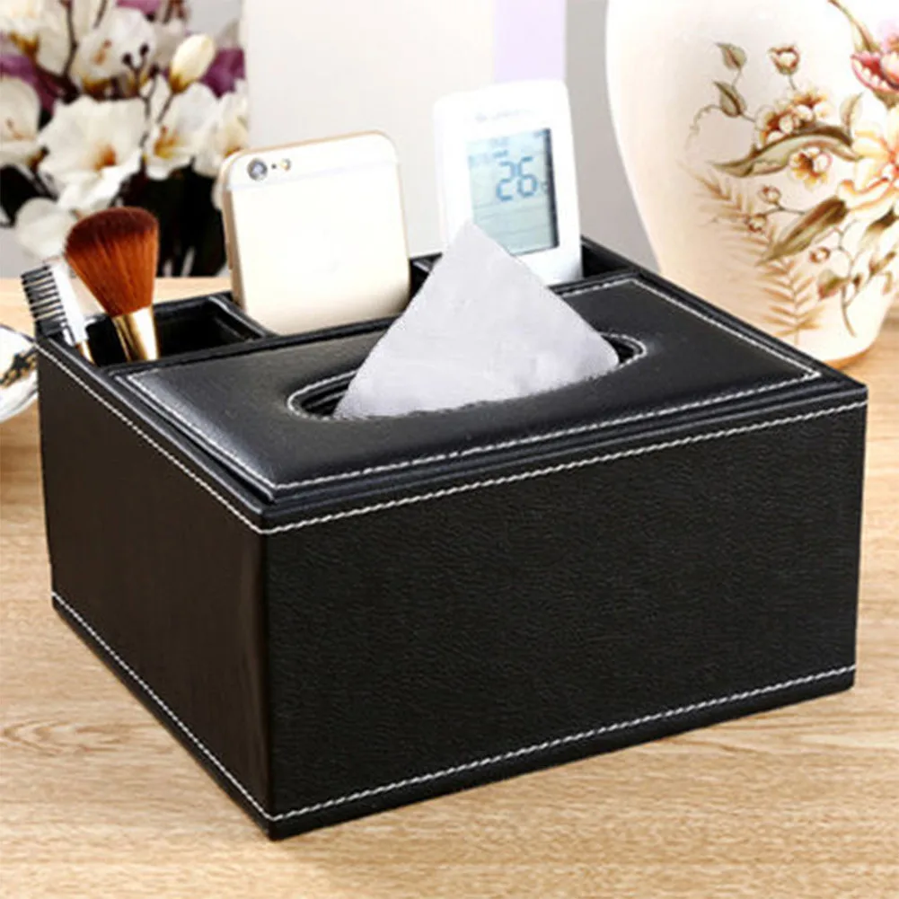 

PU Leather Tissue Holder Paper Towel Storage Box Multifunctional Remote Control Organizer Home Office Removable Tissue Case