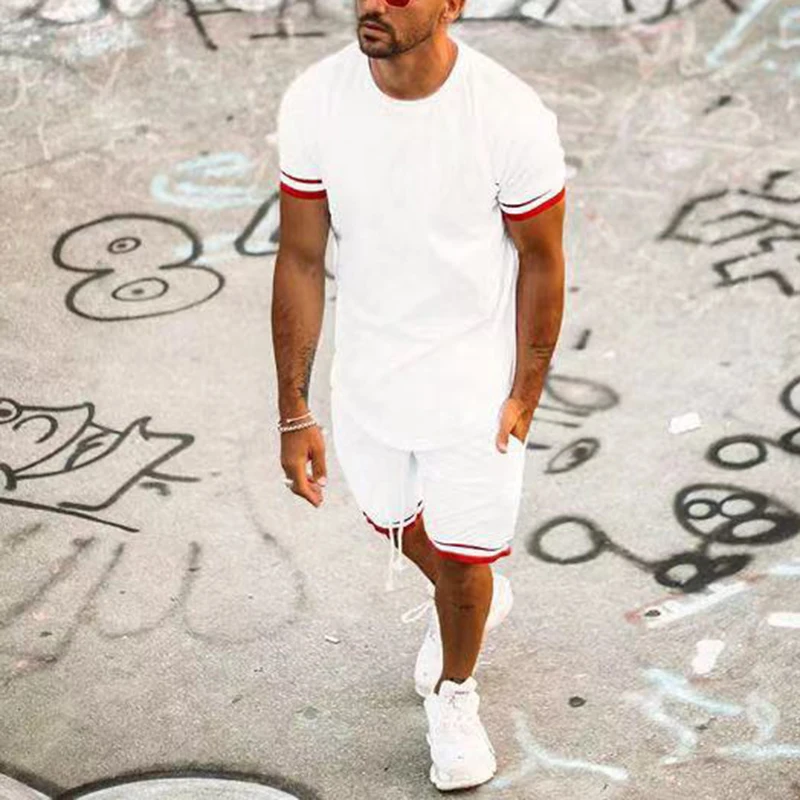 

2021 spring and summer new men's two-piece suit white short-sleeved T-shirt shorts sports suit