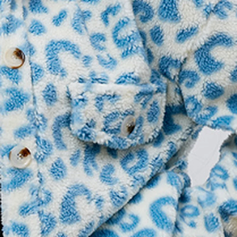 Fashion Women's Faux Fur Leopard Print Jacket Street Blue Soft and Cute Single-breasted Lapel Casual Jacket Autumn and Winter
