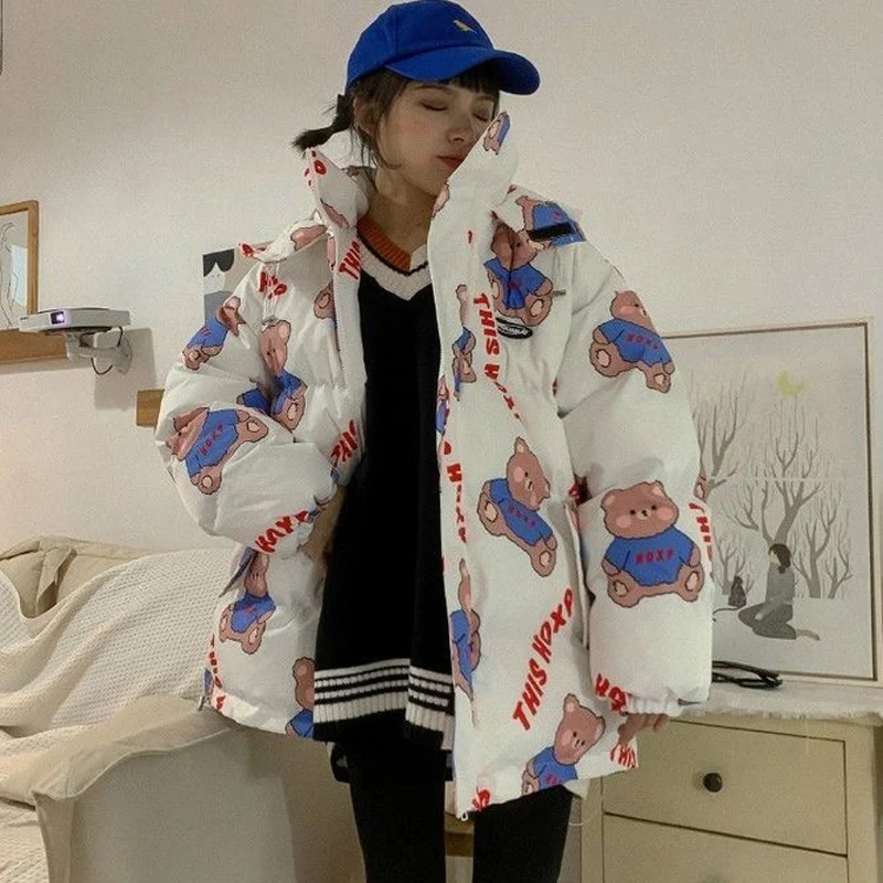 

2021 Japanese Winter Parkas Women Kawaii Cute Bear Padded Coats Soft Girl Outwears Clothing Students Ulzzang Quilted Jackets