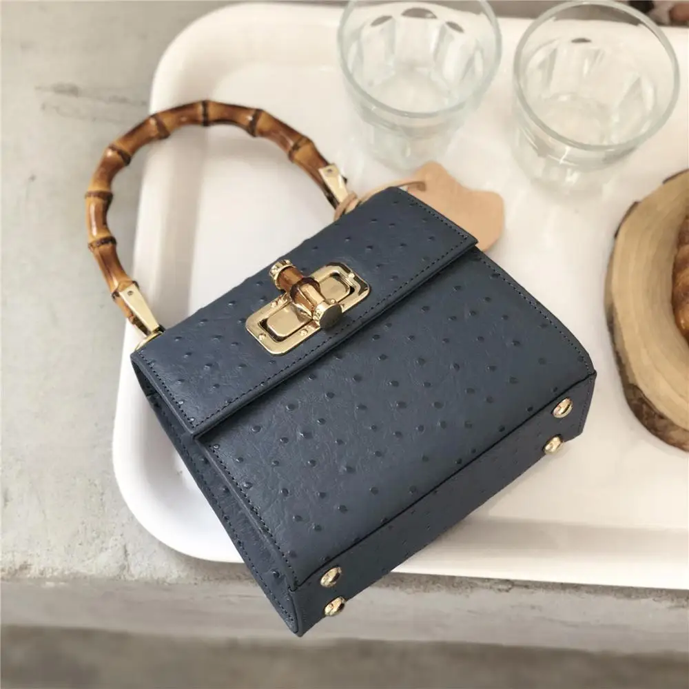 Сумка с бамбуковой ручкой и узором страуса переносная Дамская винтажная сумка