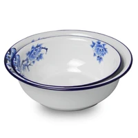 chinese vintage enamel bowl basin with blue and white porcelain pattern food fruit vegetables container soup pot wash basin