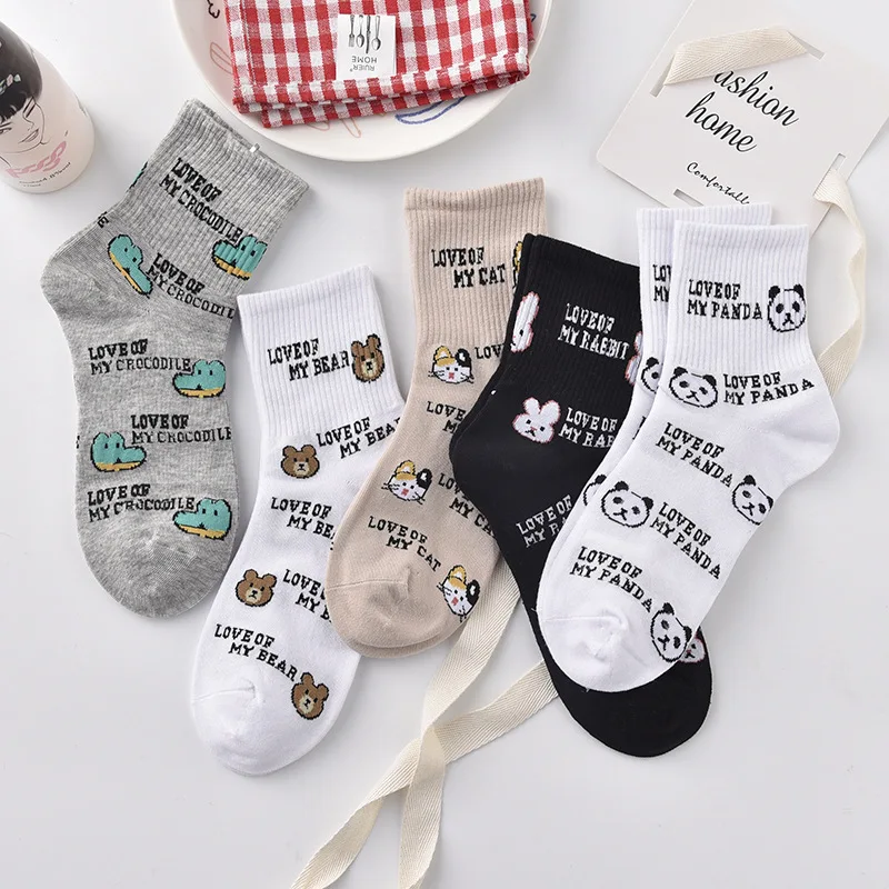 5Pcs Cute Animal Funny Middle Tube Socks Japanese Korean Style Women Panda Cat Bear Cartoon Letter School Mori Girl Kawaii Socks