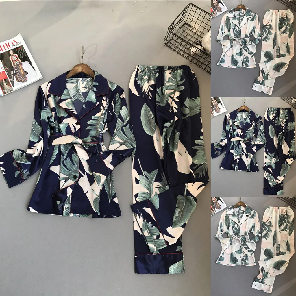 

Ladies simulated silk printed pajamas long-sleeved trousers pajamas set printed long-sleeved pajamas set 40*