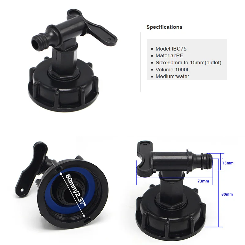 Бесплатная доставка баковые клапаны 1/2 л IBC 60 мм до дюйма (15 мм) коннектор для воды