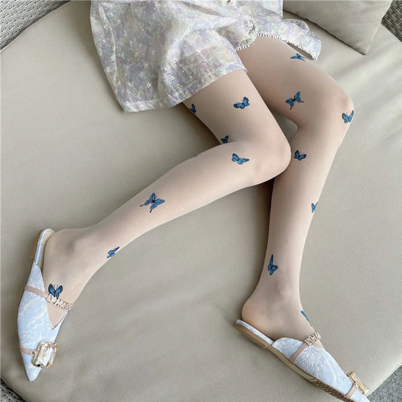 

Blue Butterfly Women's Stocking Gentle Fairy Printing Lolita Knee Long Thigh High Socks Transparent Base Hollow Out Clothing