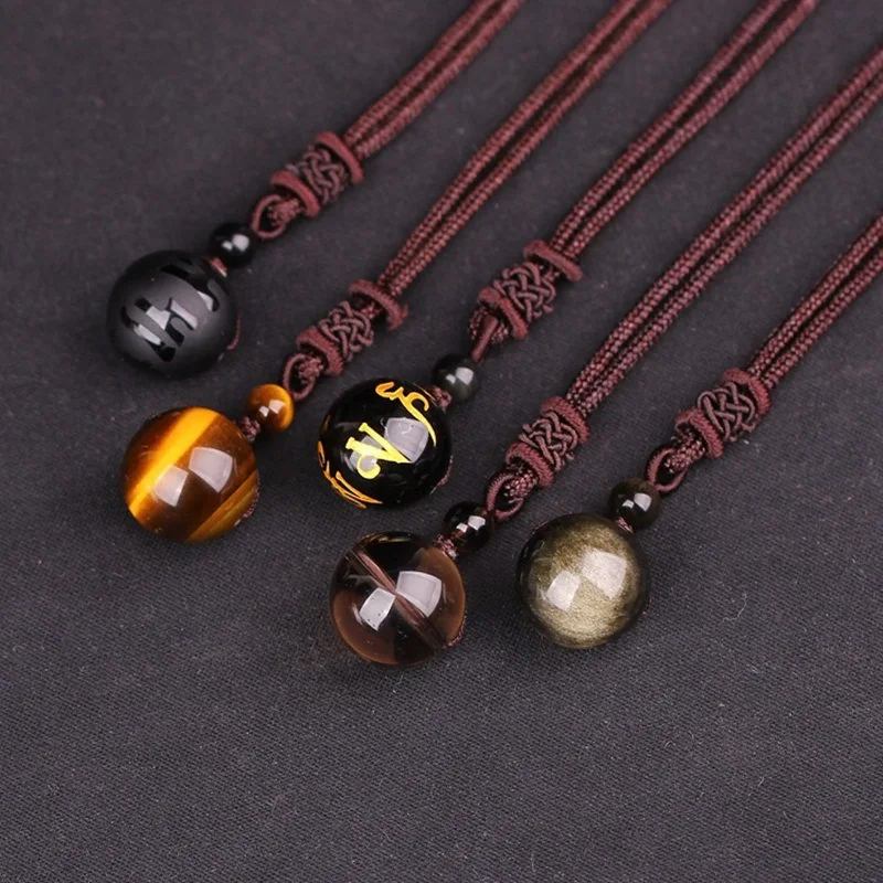 

Natural Obsidian agate 14mm Six-Character True Words Bead Pendant Necklace Fashion Charm Jewelry Buddhism Amulet Man Woman Gift