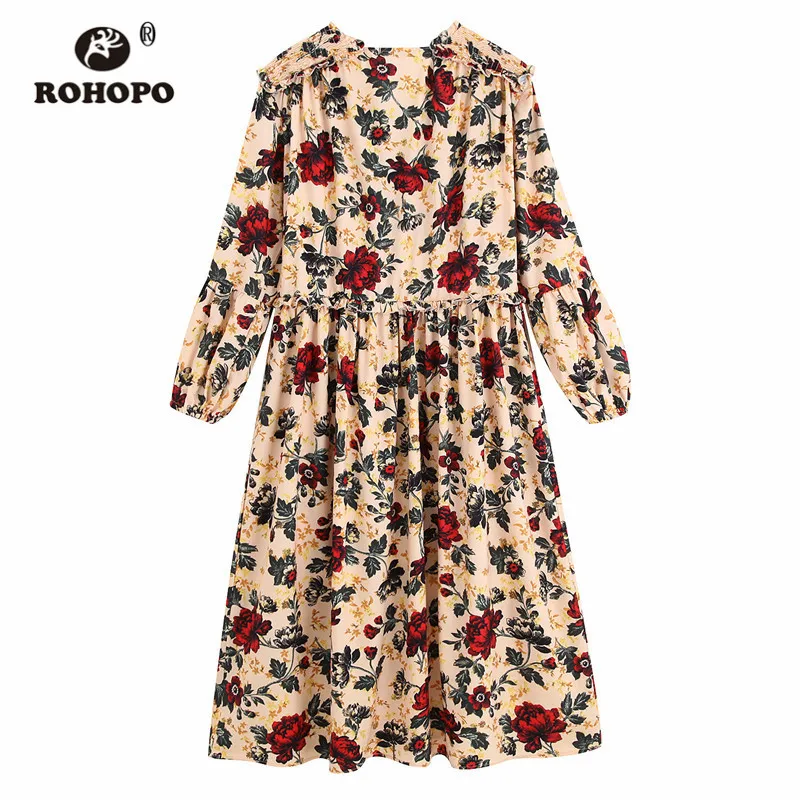 ROHOPO красное Цветочное платье с длинным рукавом цвета хаки принтом миди баской