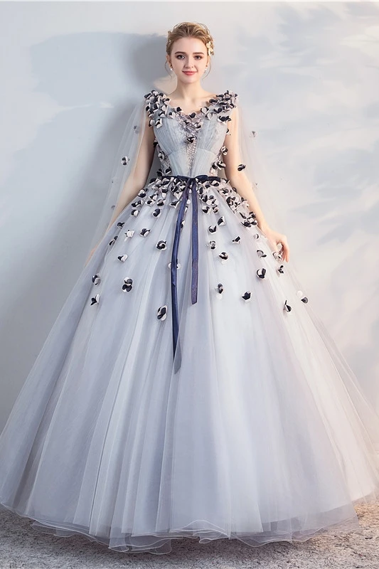 2020 серебристо серое бальное платье с цветочным принтом ручной работы v образным