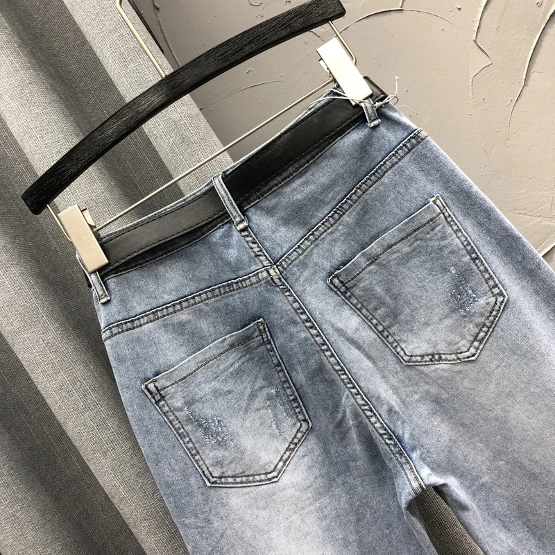 

SHENGPALAE Personality Letter Embroidery Jeans Women's Summer 2021 New High Waist Thin Slim Harlan Ankle-length Pants Tide 5B917