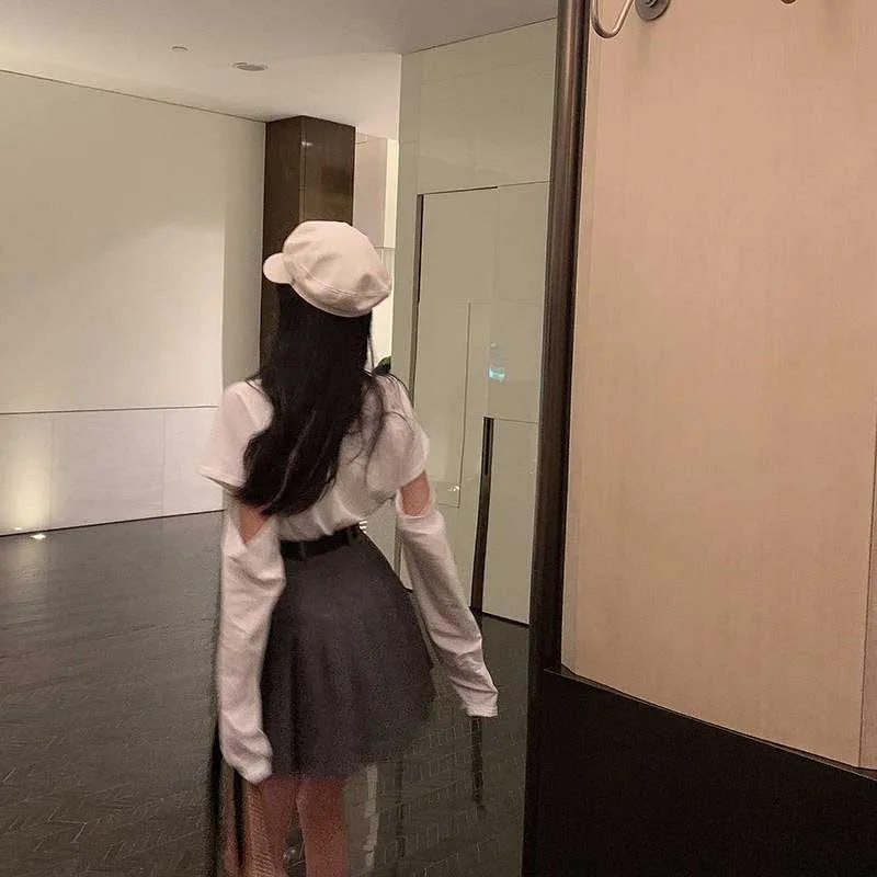 

black set A-line Women Sexy Mini High Waist Skirt Streetwear Women Punk Style Side Pocket Fashion Design Pleated Skirt