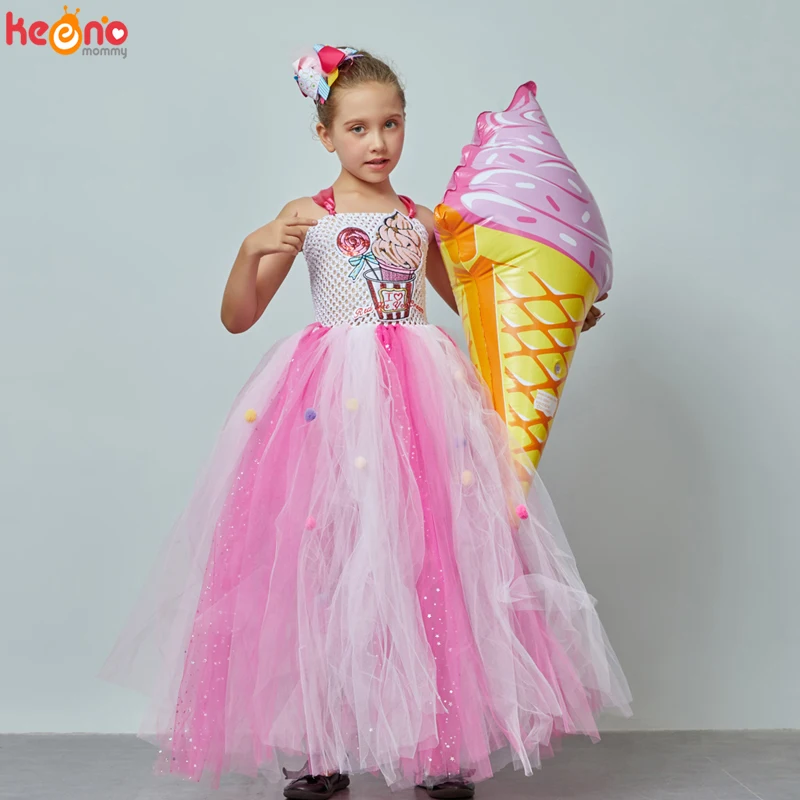 

Glittering Girls Ice Cream Gown Tutu Dress With Hair Bows Kids Candy Wedding Birthday Party Costume Girls Candy Land Tulle Dress