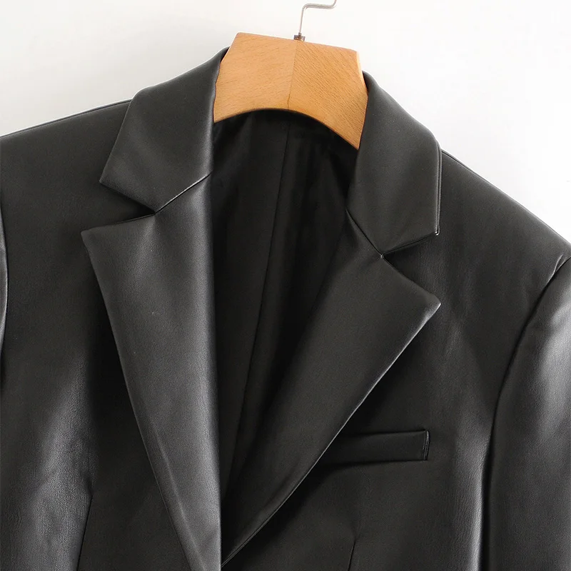 

PU Leather Single Button Women Short Suits Turn-down Collar Solid Loose Female Jacket 2020 Autumn Fashion Street Ladies Coats