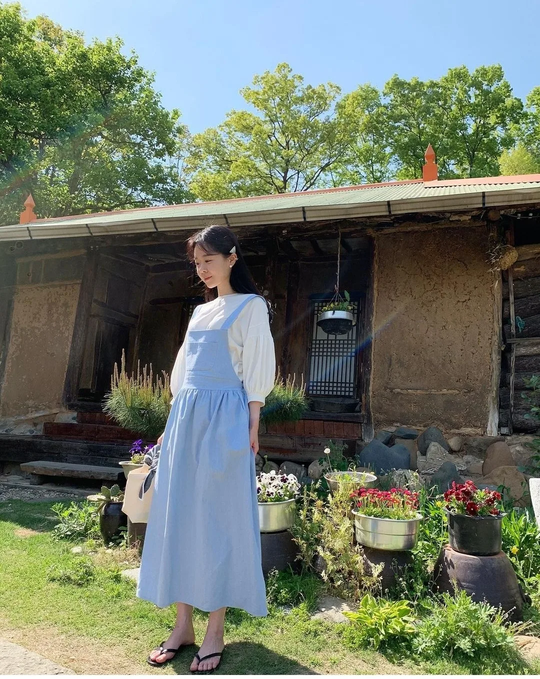 

Korejpaa Women Set 2021 Summer Korean Chic Niche Simple Round Neck Loose Puff Sleeve Shirt Square Neck Tie Waist Suspender Dress
