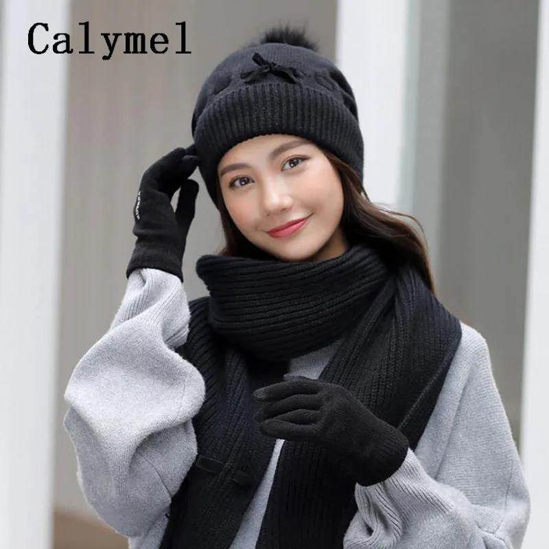 G68 Black Calymel Новая Зимняя шерстяная шапка шарф перчатки набор женская вязаная шерстяная шапка шарф плюс бархат толстый теплый для улицы - Цвет: G68 Black