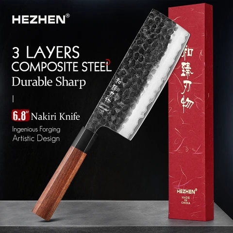 HEZHEN 6,8 дюймов, ножи накири трехслойные композитные кухонные ножи из нержавеющей стали с ручкой из красной древесины