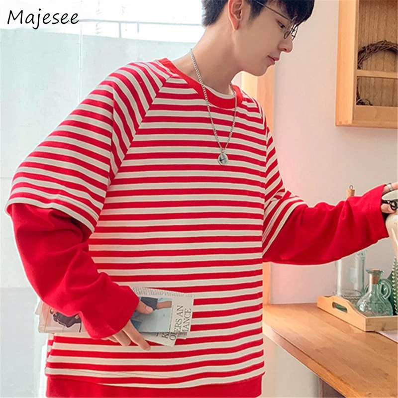 

Men No Hat Hoodies Striped Fake Two Piece Teens Trendy Loose Casual Korans Style O-neck Basic All-match Streetwear Sweatshirts