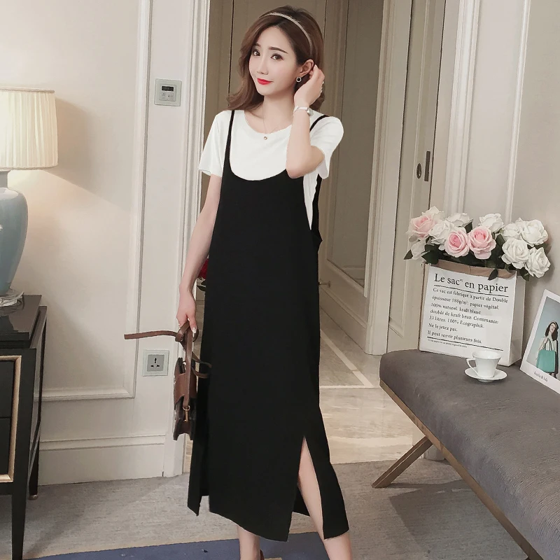 1927# 2PCS/Set Summer Korean Fashion Maternity Long Dress Sexy Sweet Side Splits Sling Dress for Pregnant Women Pregnancy Shirt
