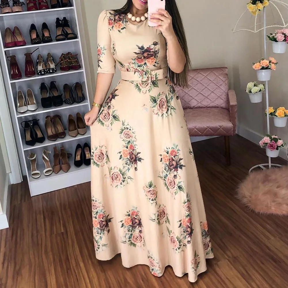 

Women Evening Dresses Fall Casual Half Sleeve A Line Robe Long Dress Floral Print Party Dress Vestido Elegant Belt High Waist
