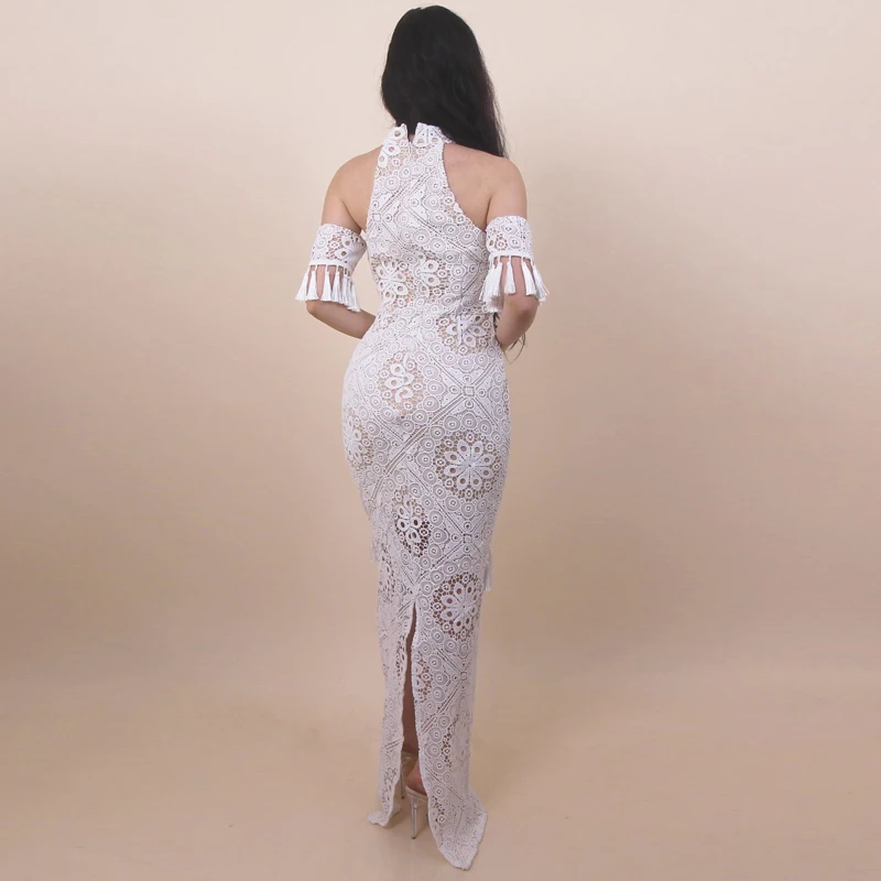 Женское длинное платье с кисточками EvaQueen белое кружевное Клубное открытыми