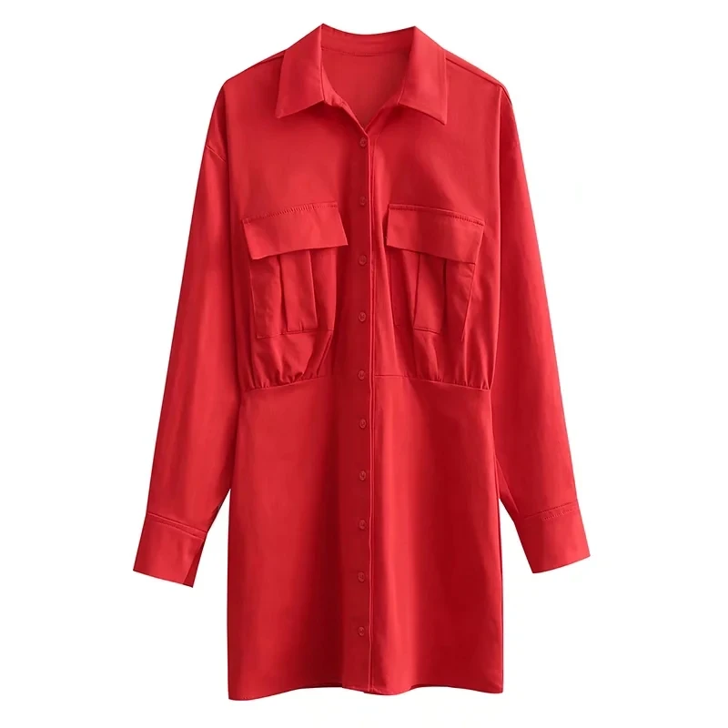 

Модное женское красное платье-рубашка с накладными карманами и украшением, женская одежда с длинным рукавом, повседневное женское свободно...