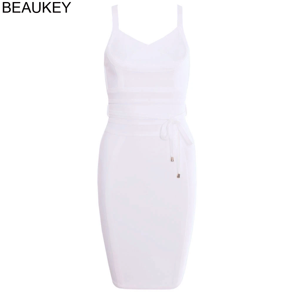 BEAUKEY Классическое белое платье на бретелях спагетти сексуальное женское с V