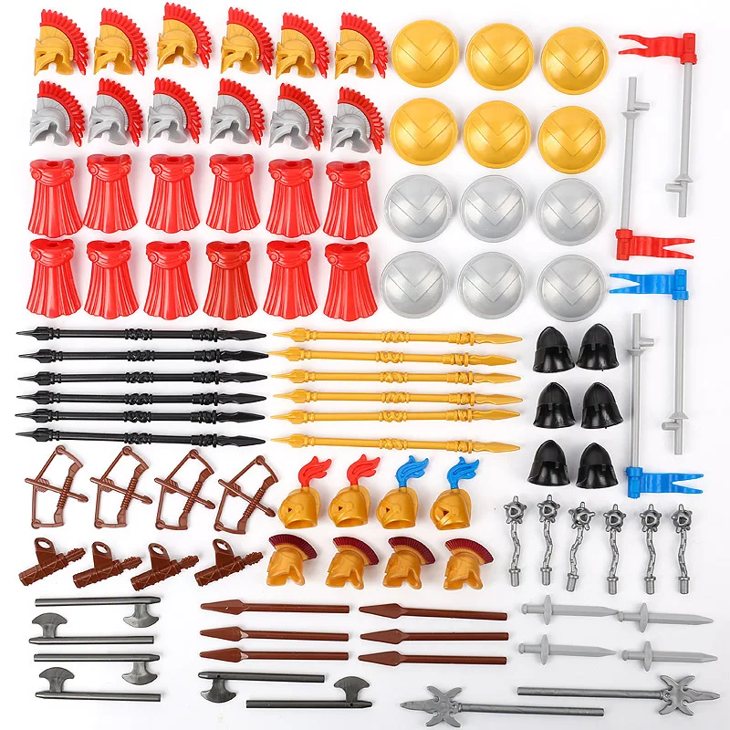 

98pcs Medieval Military Building Block Roman Soldier Weapon Knight Helmet Shield Building Block Accessories Compatible Toys