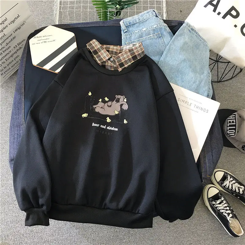 

2021new women's sweatshirt Kawaii sweatshirt fashion pullover ladies plus size fake two-piece all-match casual Korean streetwear