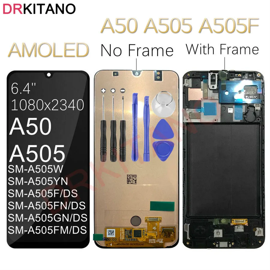 Для samsung Galaxy A50 A505F/DS A505F A505FD A505A ЖК-дисплей сенсорный экран дигитайзер в сборе для samsung A50 ЖК-дисплей с рамкой
