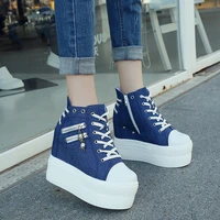 wedges canvas shoes woman platform high top shoes hidden heel height increasing casual shoes female white black blue