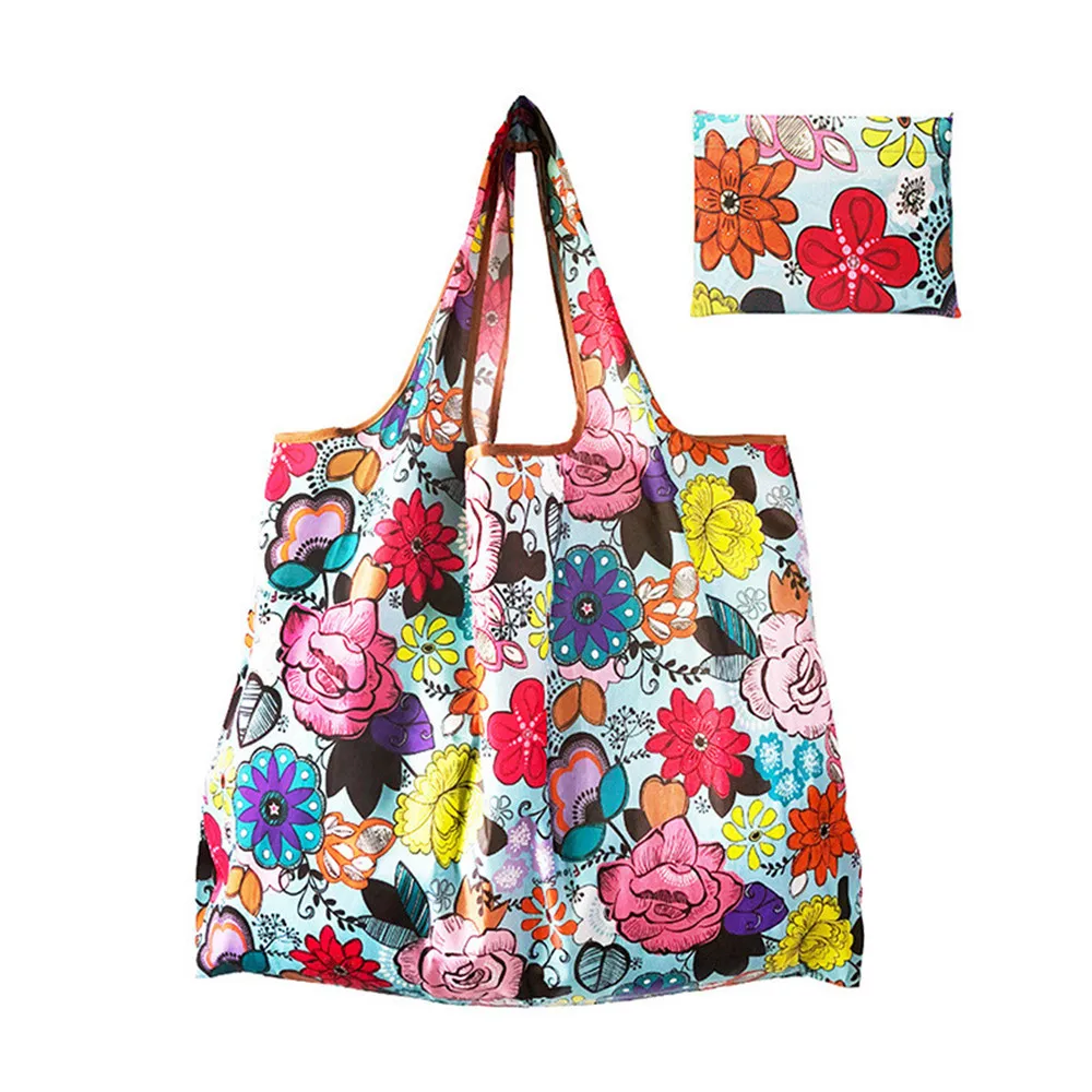 

Nylon Opvouwbare Recycle Winkelen Bageco Vriendelijke Dames Herbruikbare Shopping Tassen Bloemen Fruit Groente Kruidenier Pocket