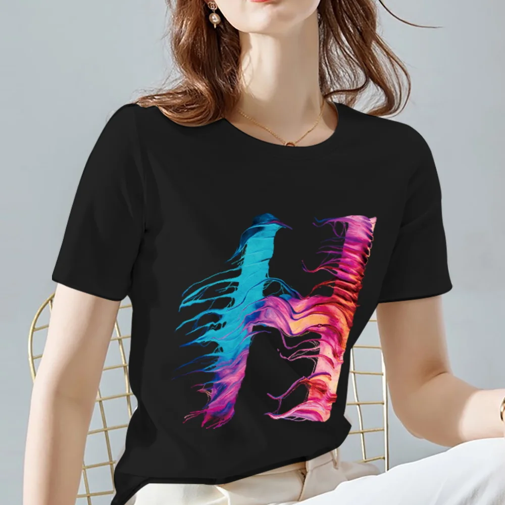 

Retro Women Letter T-shirt Casual Black Commuter Trend Paint H Letter Round Neck Printing Initial Name XXS－XXXL Ladies Clothing