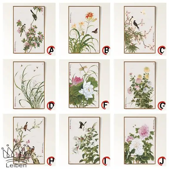 

Chinese Style Plant Flower Canvas Painting Minimalist Art Retro Posters and Prints Vintage Pictures Home Decoration Living Room