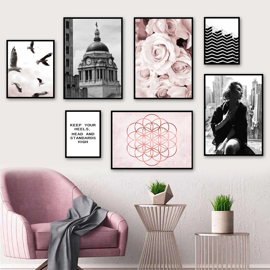 

Pink Rose Clock Tower Fashion Girl Bird Wall Art Canvas Painting Nordic Posters And Prints Wall Pictures For Living Room Decor