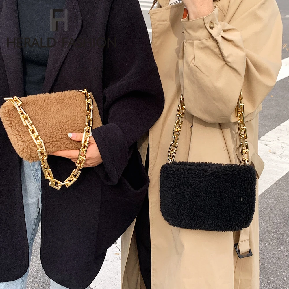 

Зимняя пушистая плюшевая сумка на плечо, однотонные сумки из искусственного меха на цепочке для женщин, роскошная сумка-тоут, сумка-шоппер, ...