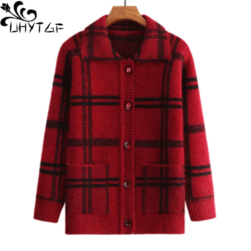

UHYTGF Female Cardigan Knitted Sweater Jacket Fashion Plaid Single-Breasted Autumn Sweater Women Elegant Pocket Big Size Top724