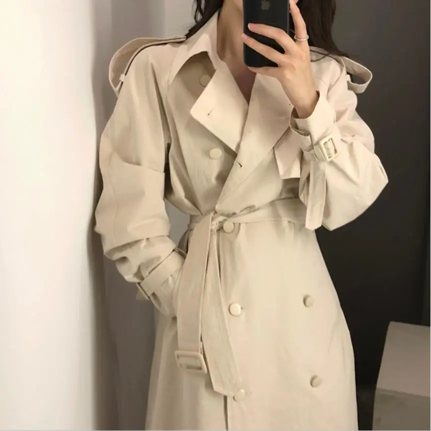 

Женский двубортный тренчкот, облегающее пальто с отложным воротником, осень 2021