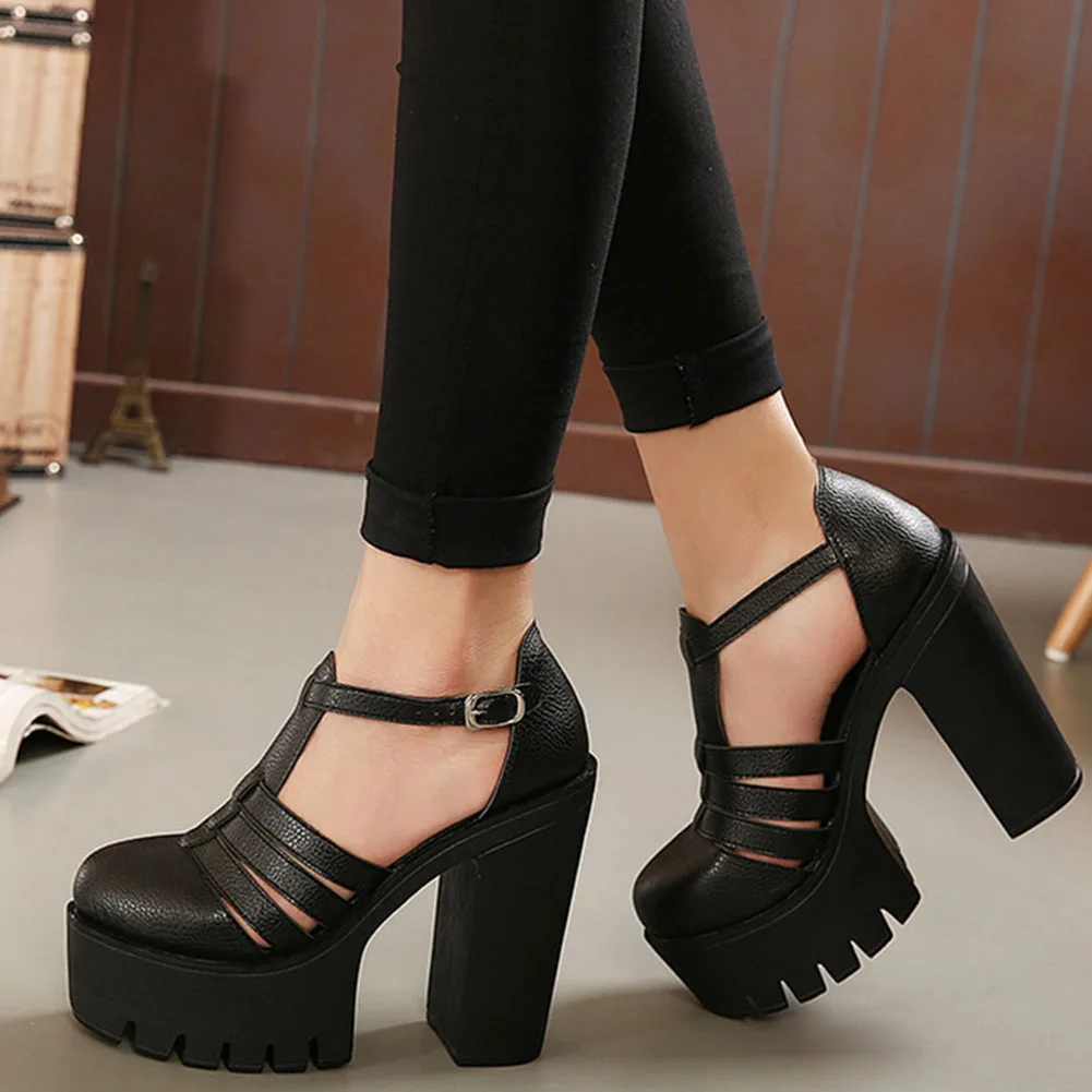 brand new big size 42 ins hot sale extreme high heels black gothic style cool summer t strap platform sandals women shoes free global shipping