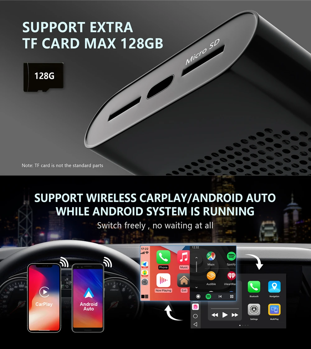 Адаптер Ninephi CarPlay Android 10 с SD-картой Plug and Play беспроводной Auto бесплатные приложения