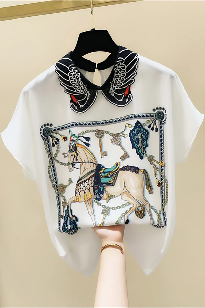 

Printed Peter Pan Collar Chiffon Short-Sleeved Shirt for Women 2021 Summer New Loose Western Style Fashionable Tops