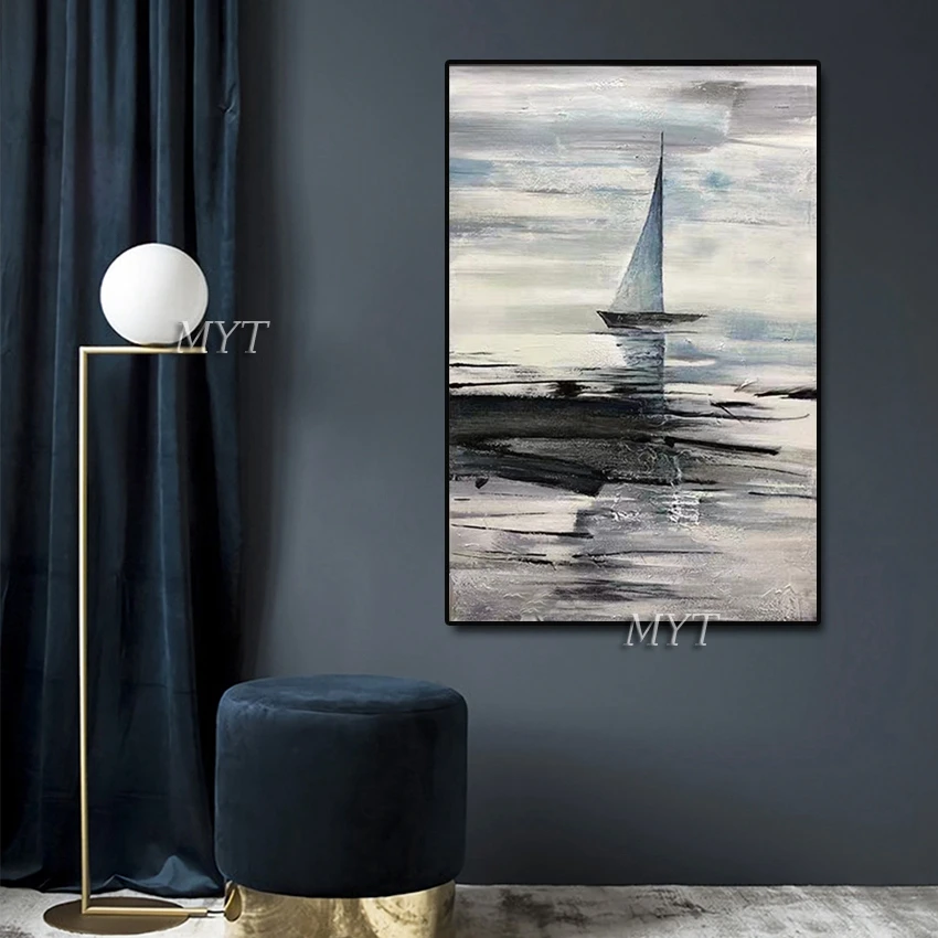 

Free Shipping Hot Large Handpainted Sea Boat Landscape Oil Painting On Canvas Wall Art Wall Pictures For Living Room Home Decor